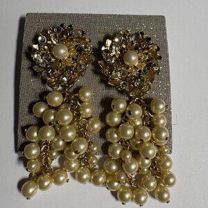 Miriam Haskell gold metal, faux pearls & diamante cluster earrings NWT